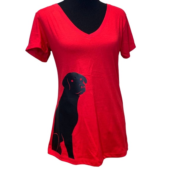 New Hand Printed Womens Large Black Lab Puppy Dog V-Neck Cotton Blend Tee Shirt - Picture 1 of 5